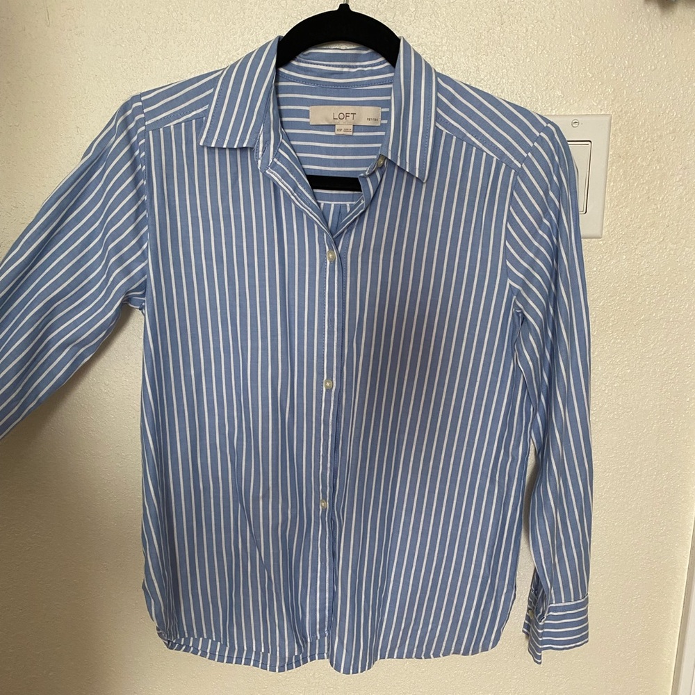Loft Blue and White Striped Long Sleeve Button Down Shirt